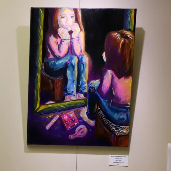 Celestial Aquarius by Kaylee Turner (top left), student award winner. Girl at Mirror Recomposition by Emilia Smith (right), honorable mention winner.