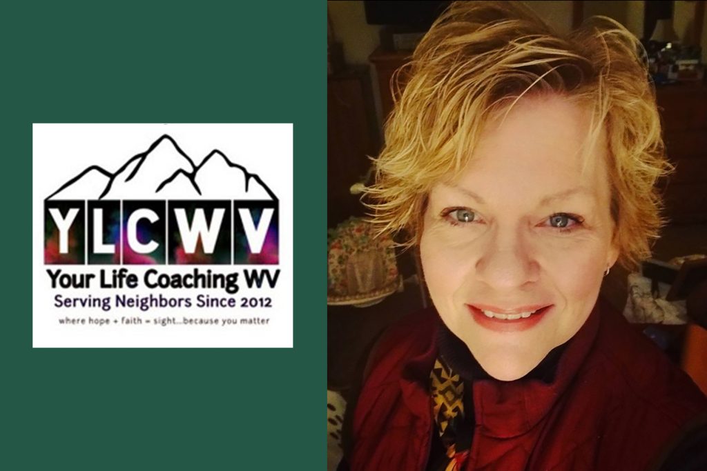 A graphic that shows the face of a woman at right, and the logo of a company with the letters YLCWV, which stands for Your Life Coaching WV.